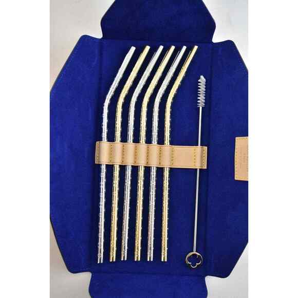 Louis Vuitton Metal Gold Silver Monogram Drinking Straws And Pouch Brown Case - Picture 8 of 12